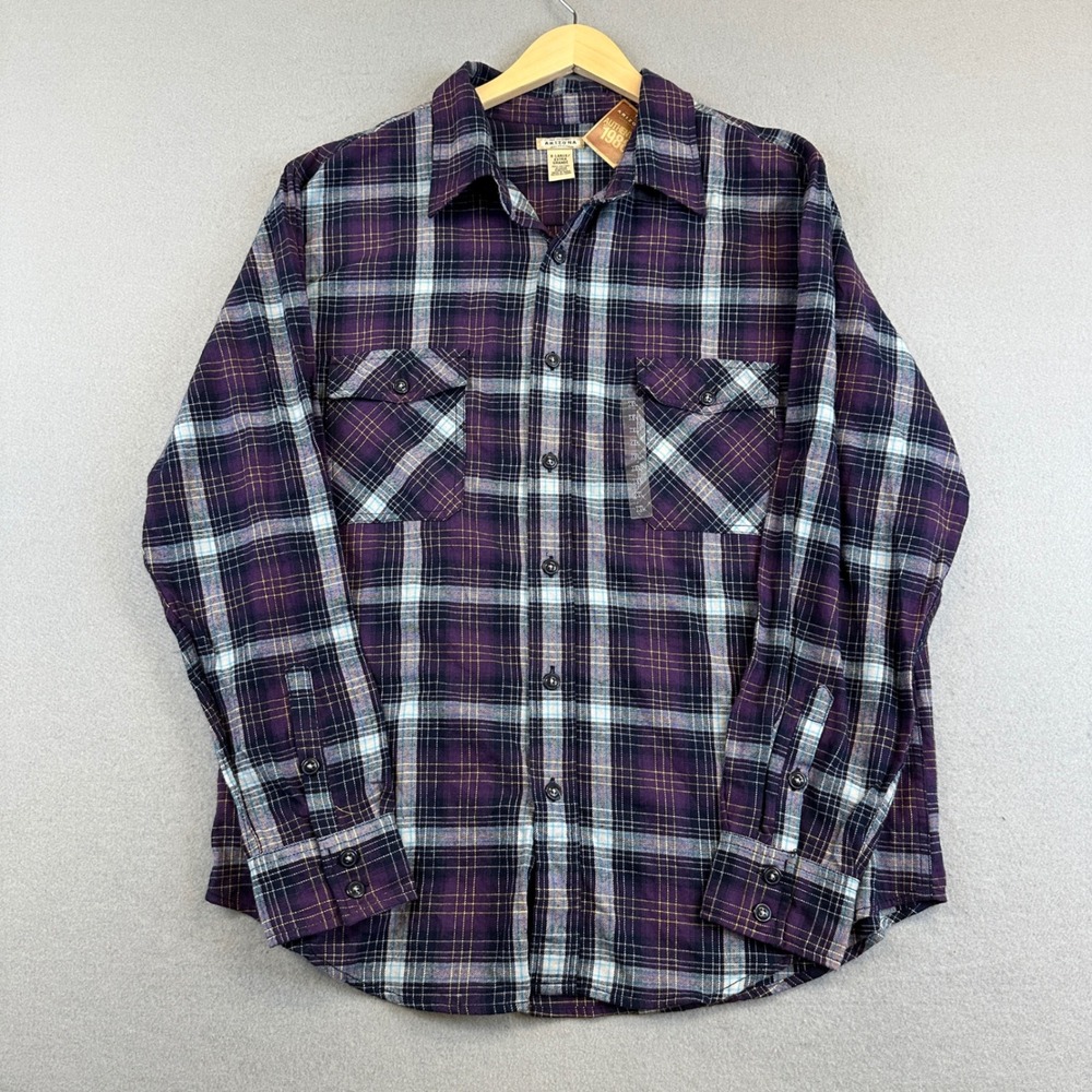 NEW Arizona Flannel Shirt Mens XL Purple Blue Plaid Long Sleeve Cotton Button Up